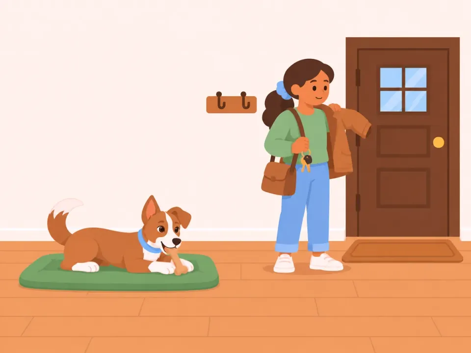 A dog lies relaxed on a mat while a woman puts on her coat by the front door