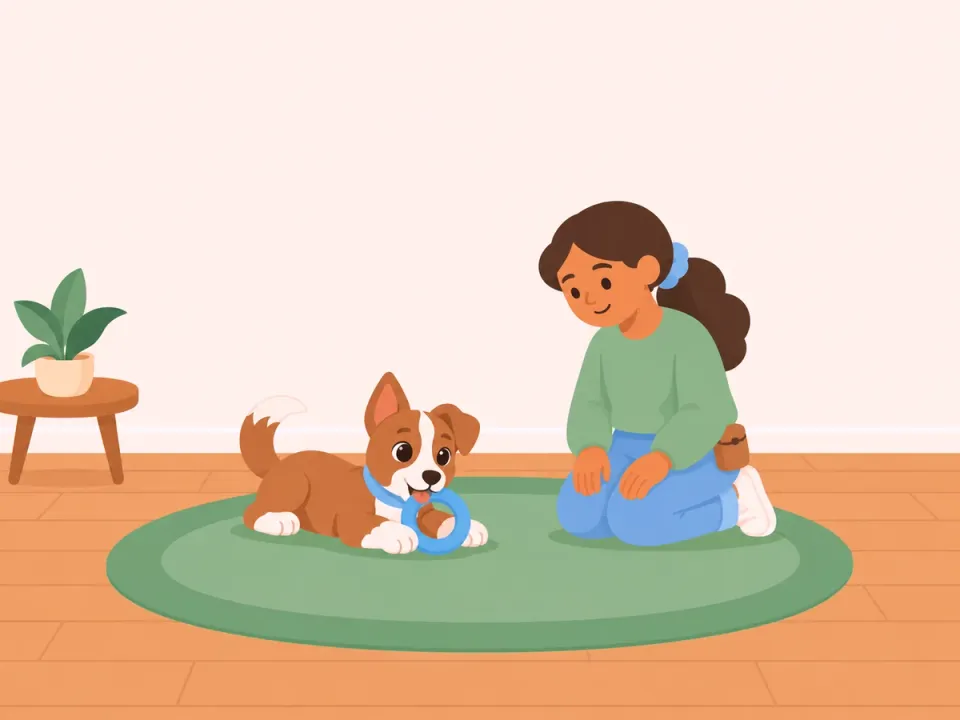 A puppy chews a rubber ring on the rug while a woman kneels beside her