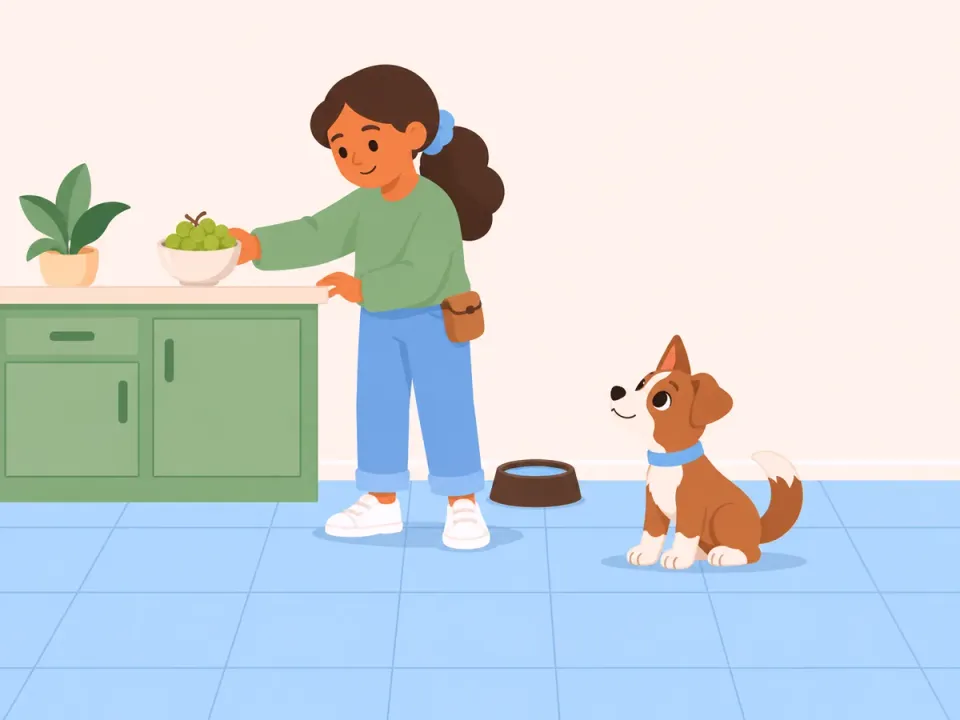 A puppy sits on the kitchen floor while a woman slides a bowl back from the counter edge