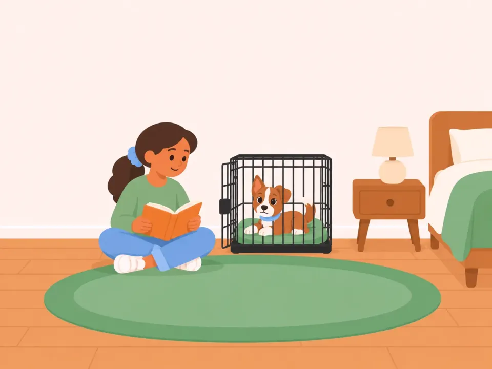 A puppy rests in a closed crate while a woman reads beside it