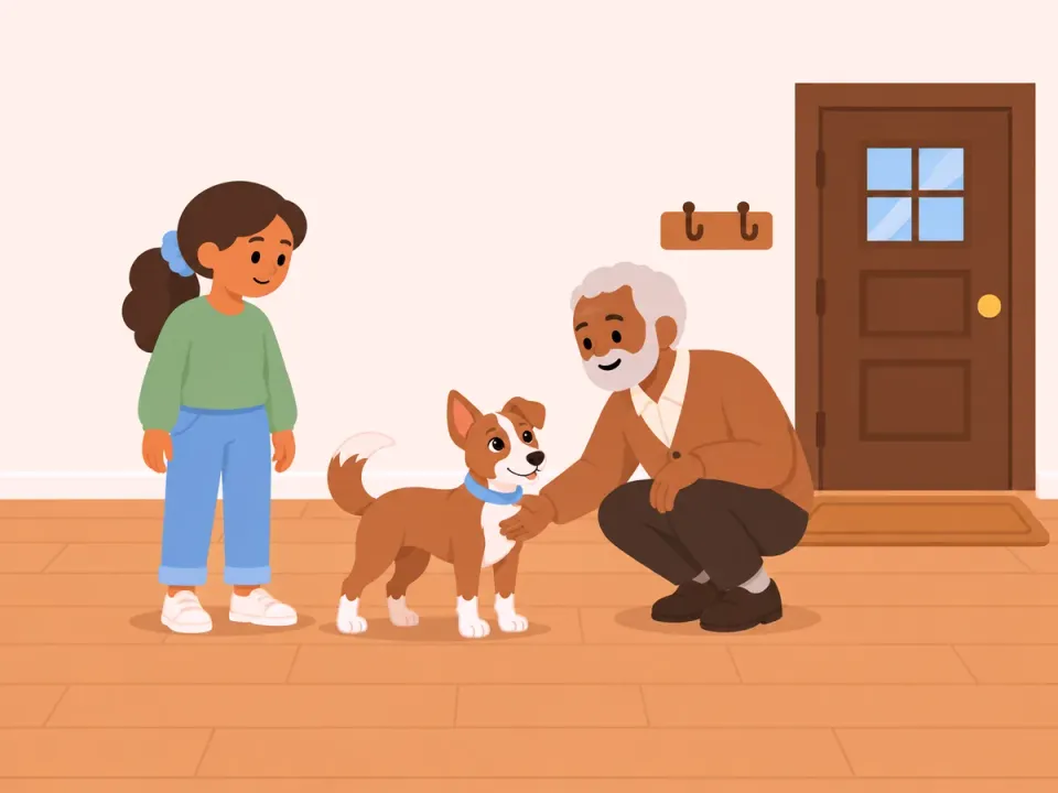 A dog stands calmly with four paws on the floor while an older man crouches to say hello