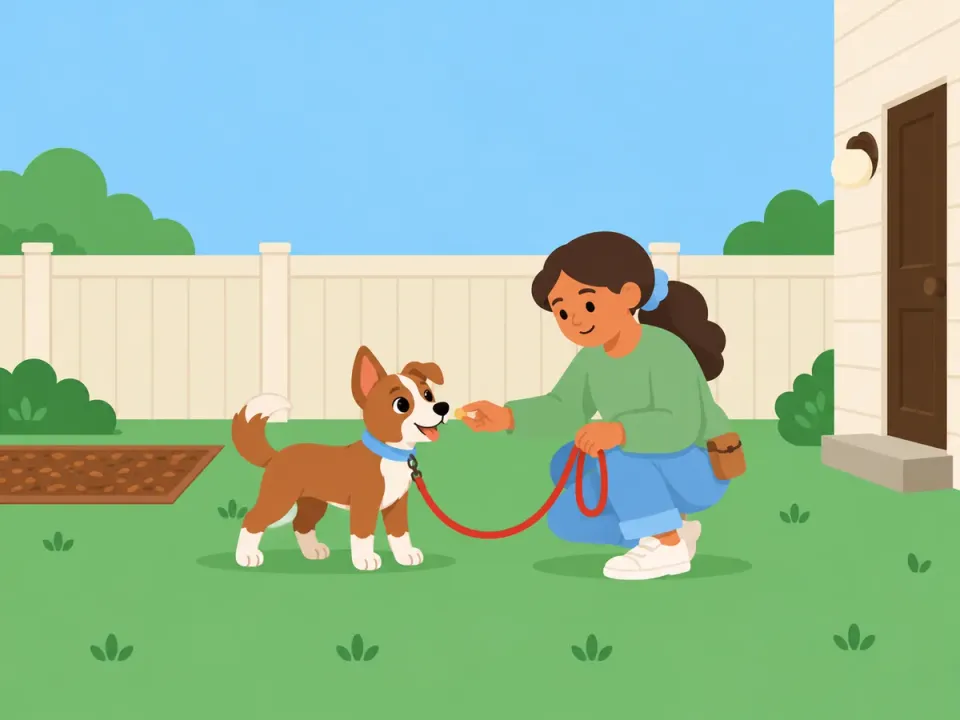 A woman kneels in the yard and praises her puppy on a leash