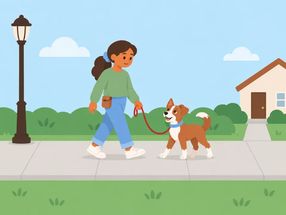 A woman walks down a sidewalk with her dog beside her on a loose red leash