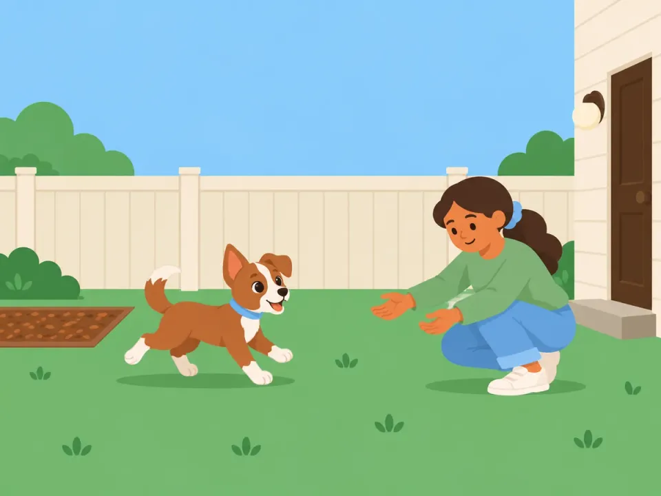 A puppy runs across the yard toward a woman crouching with open arms