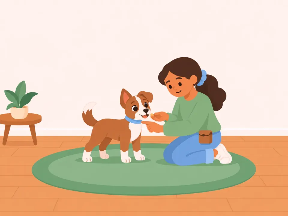 A woman touches her puppy's collar and gives her a treat