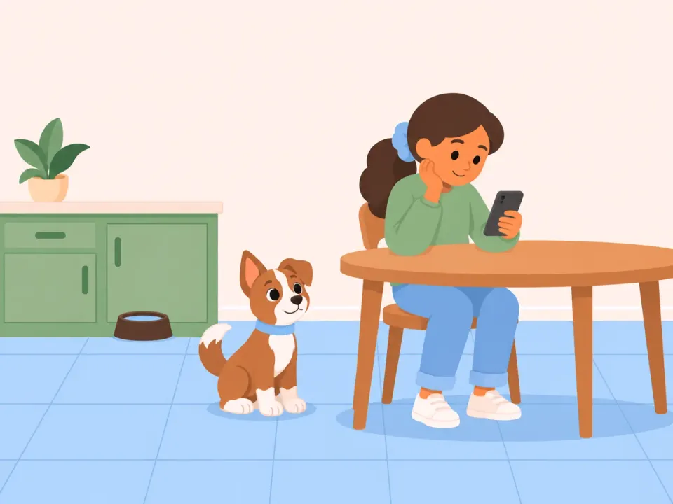 A woman reads her phone at the kitchen table while her puppy sits beside her