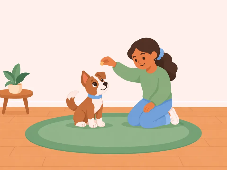 A woman lifts a treat above a puppy's nose and the puppy sits