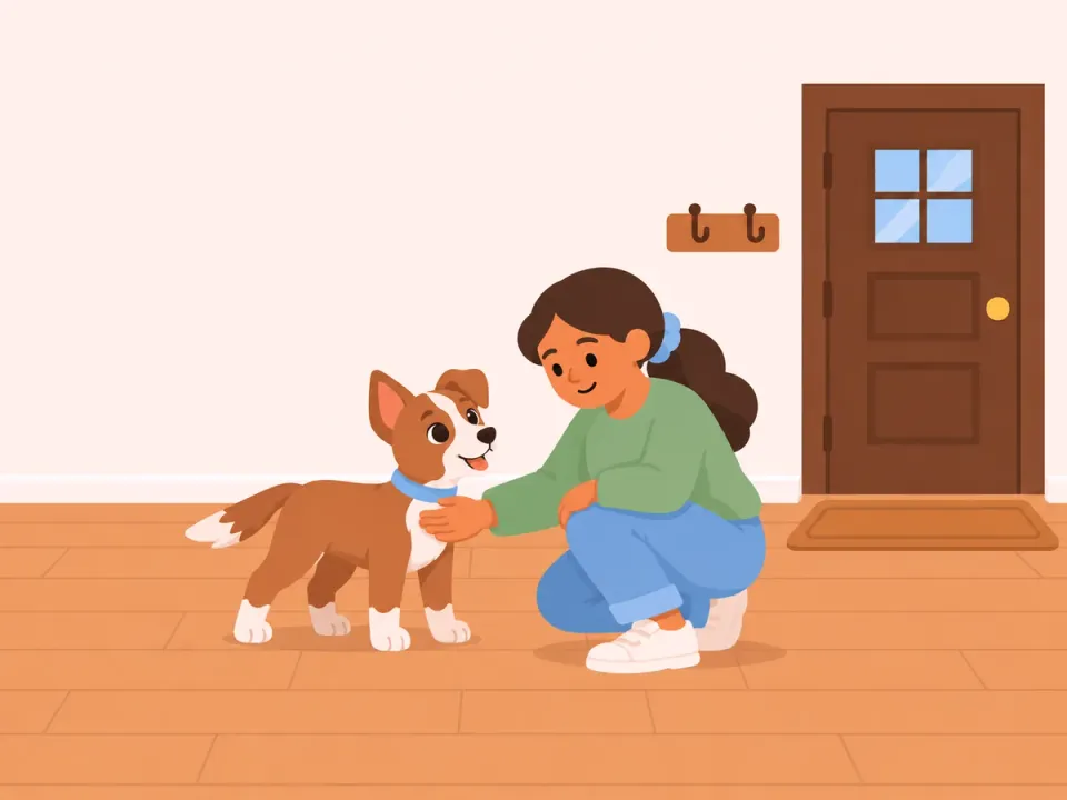 A woman crouches by the front door and rubs a happy puppy's chest