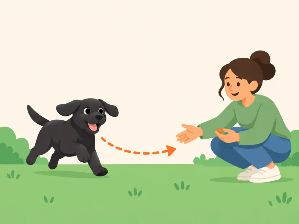 A friendly flat illustration of a person teaching a dog to sit with a treat