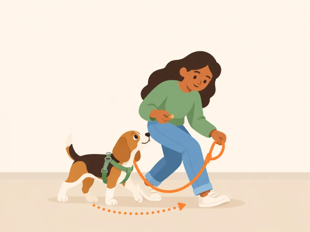 A woman walking a beagle puppy on a loose leash and offering a treat